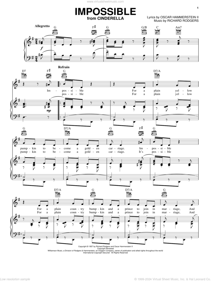 Impossible (from Cinderella) sheet music for voice, piano or guitar by Rodgers & Hammerstein, Cinderella (Musical), Oscar II Hammerstein and Richard Rodgers, intermediate skill level