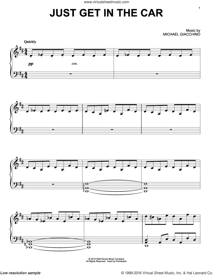 Just Get In The Car sheet music for piano solo by Michael Giacchino, intermediate skill level