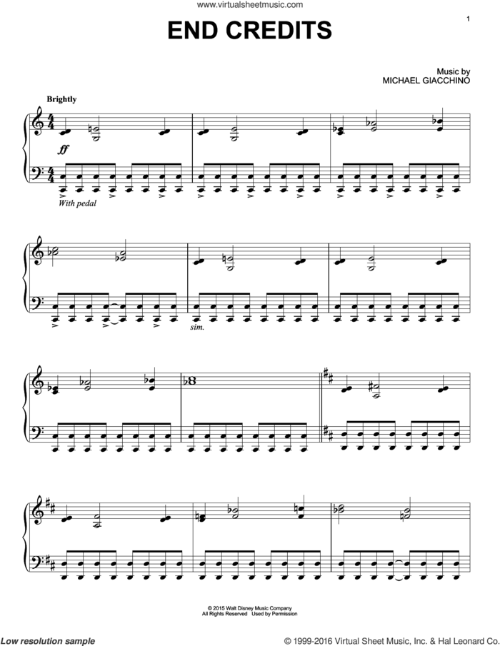 End Credits sheet music for piano solo by Michael Giacchino, intermediate skill level