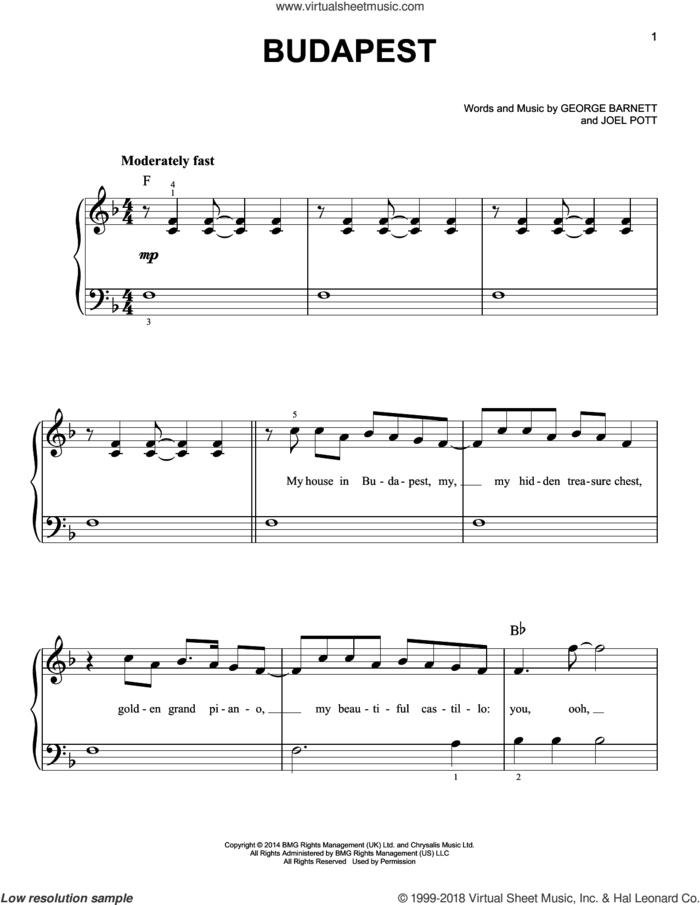 Budapest, (beginner) sheet music for piano solo by George Ezra, George Barnett and Joel Pott, beginner skill level