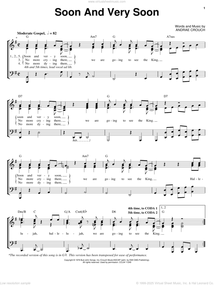 Soon And Very Soon sheet music for voice, piano or guitar by Andrae Crouch, intermediate skill level