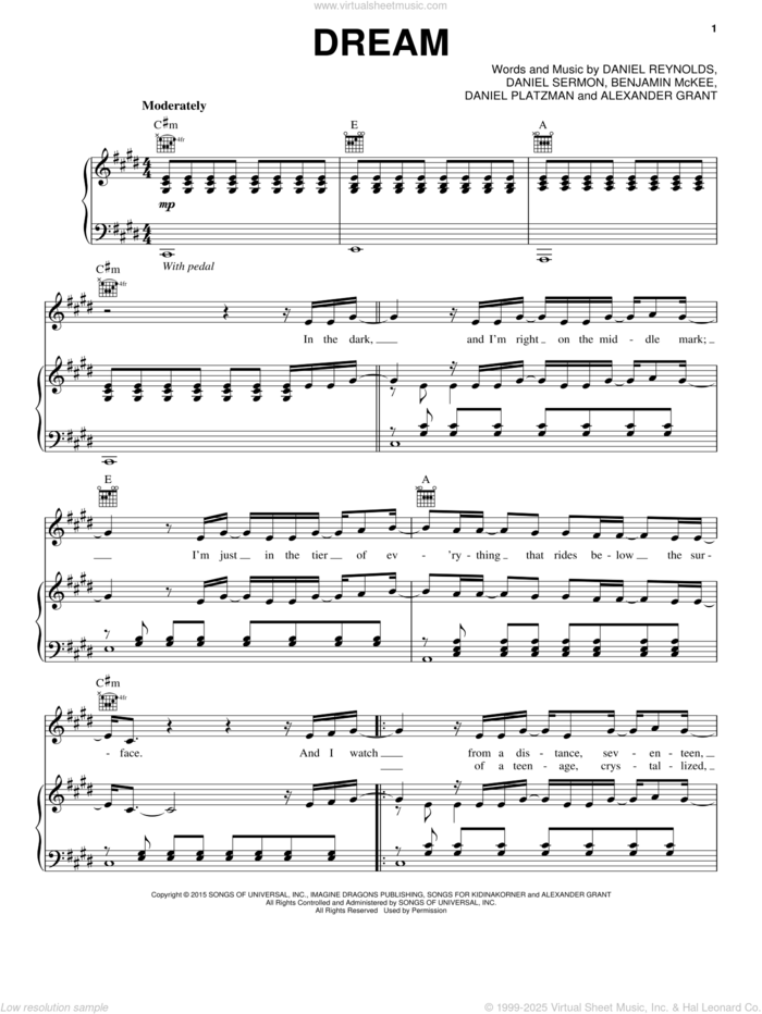 Dream sheet music for voice, piano or guitar by Imagine Dragons, Alexander Grant, Benjamin McKee, Daniel Platzman, Daniel Reynolds and Daniel Sermon, intermediate skill level