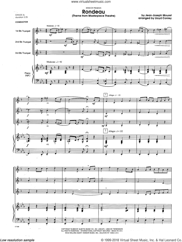 Rondeau (Theme From Masterpiece Theatre) (COMPLETE) sheet music for trumpet trio and piano by Lloyd Conley and Mouret, classical score, intermediate skill level