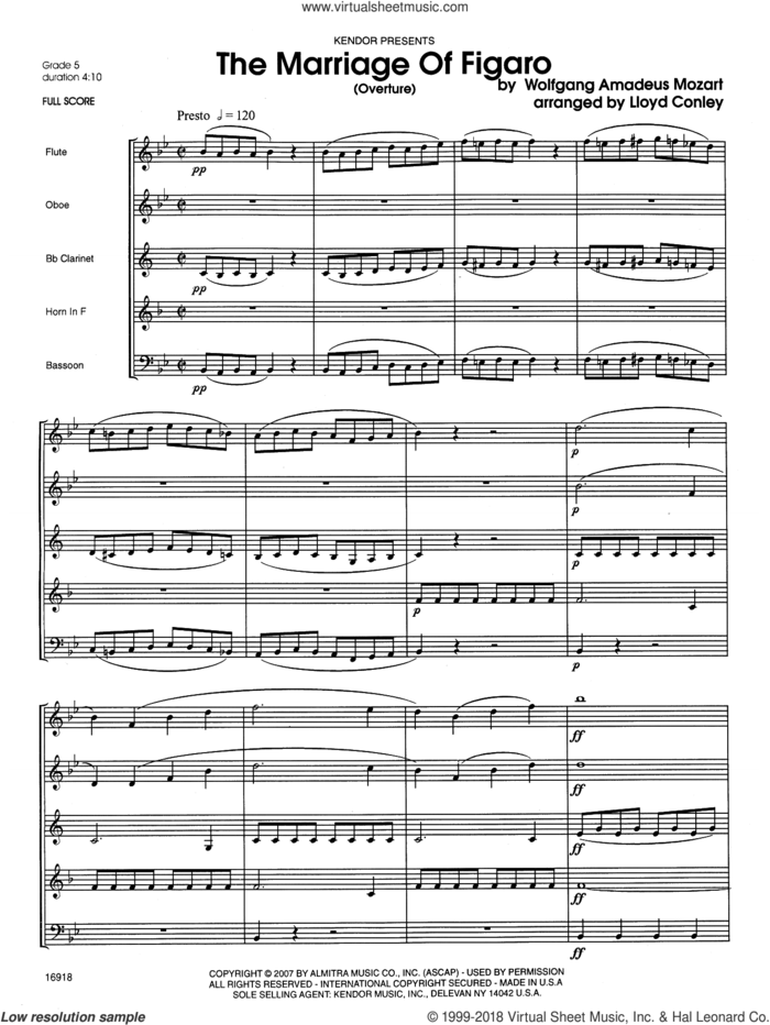 The Marriage Of Figaro (Overture) (COMPLETE) sheet music for wind quintet by Wolfgang Amadeus Mozart and Lloyd Conley, classical score, intermediate skill level