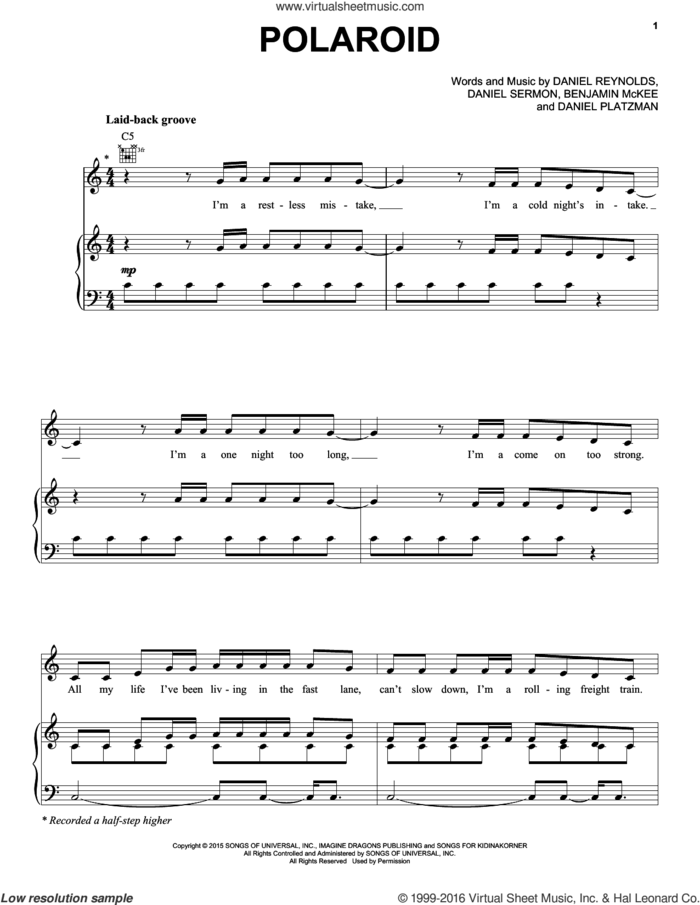 Polaroid sheet music for voice, piano or guitar by Imagine Dragons, Benjamin McKee, Daniel Platzman, Daniel Reynolds and Daniel Sermon, intermediate skill level