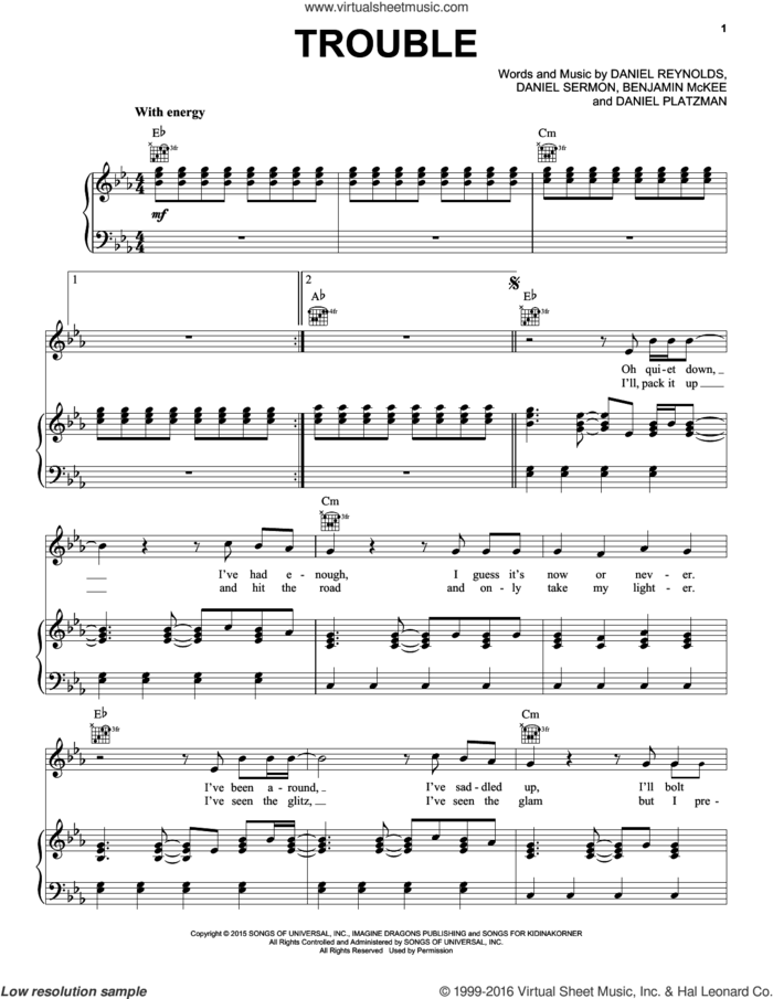Trouble sheet music for voice, piano or guitar by Imagine Dragons, Benjamin McKee, Daniel Platzman, Daniel Reynolds and Daniel Sermon, intermediate skill level