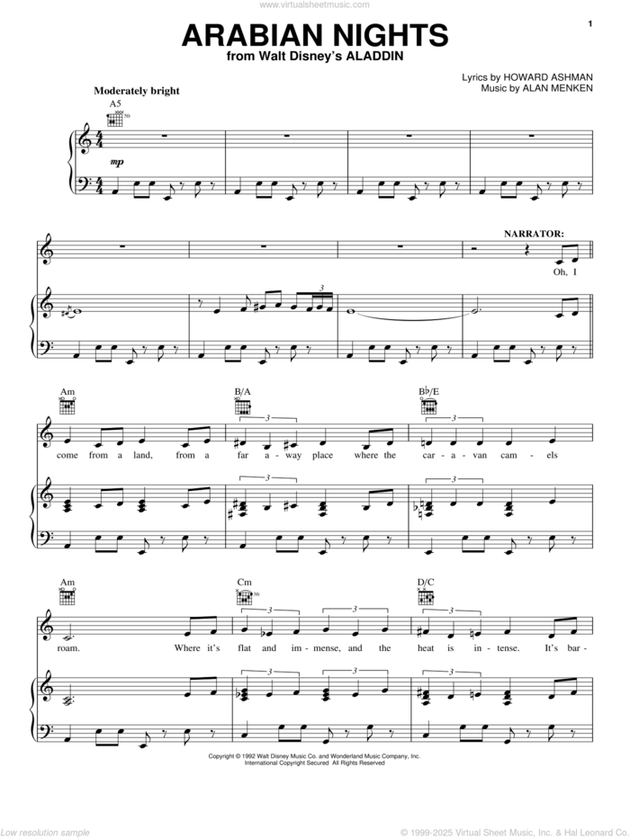 Arabian Nights (from Aladdin) sheet music for voice, piano or guitar by Alan Menken and Howard Ashman, intermediate skill level