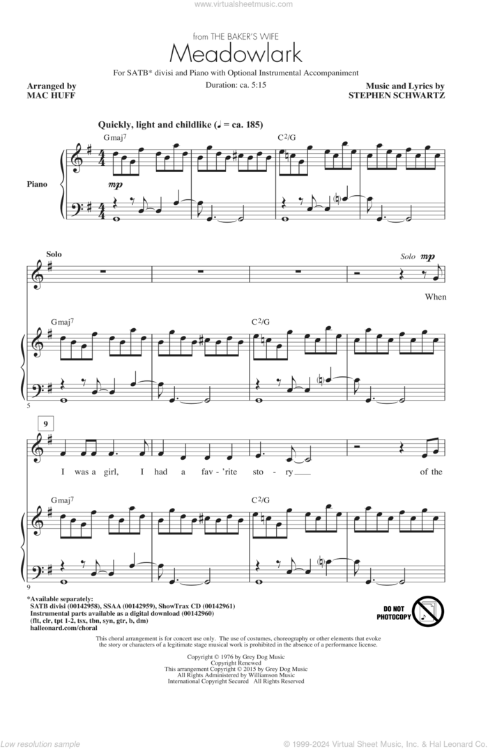 Meadowlark sheet music for choir (SATB: soprano, alto, tenor, bass) by Stephen Schwartz and Mac Huff, intermediate skill level