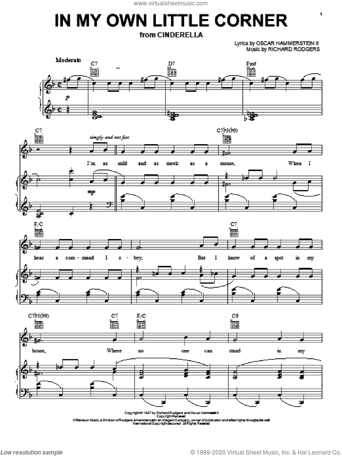 In My Own Little Corner (from Cinderella) sheet music for voice, piano or guitar by Rodgers & Hammerstein, Cinderella (Musical), Oscar II Hammerstein and Richard Rodgers, intermediate skill level