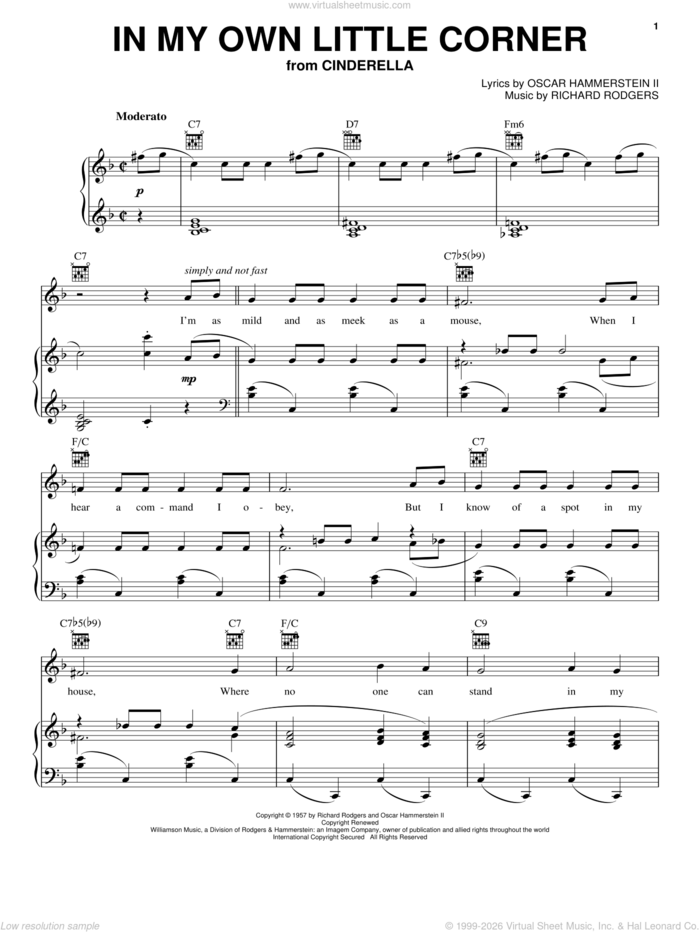In My Own Little Corner (from Cinderella) sheet music for voice, piano or guitar by Rodgers & Hammerstein, Cinderella (Musical), Oscar II Hammerstein and Richard Rodgers, intermediate skill level