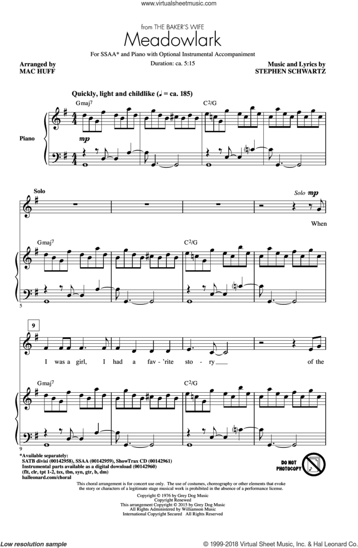 Meadowlark sheet music for choir (SSA: soprano, alto) by Stephen Schwartz and Mac Huff, intermediate skill level