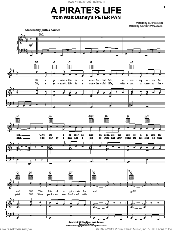 A Pirate's Life (from Peter Pan) sheet music for voice, piano or guitar by Oliver Wallace, Ed Penner and Oliver Wallace & Ed Penner, intermediate skill level