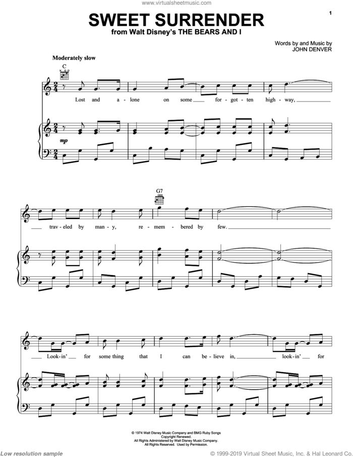 Sweet Surrender sheet music for voice, piano or guitar by John Denver, intermediate skill level