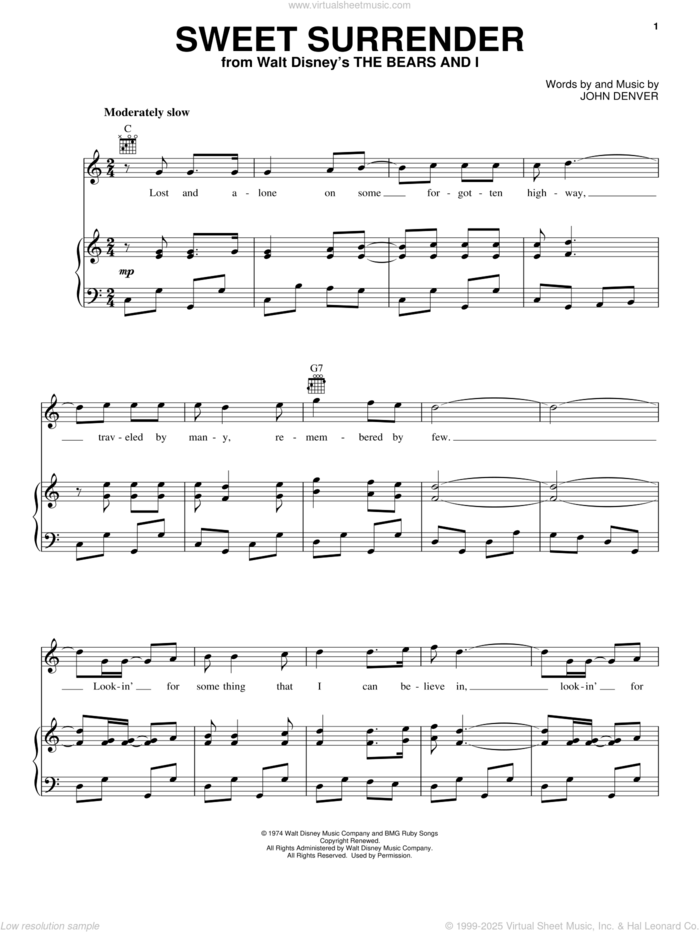 Sweet Surrender sheet music for voice, piano or guitar by John Denver, intermediate skill level