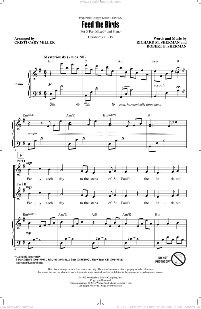 Feed The Birds (from Mary Poppins) (arr. Cristi Cary Miller) sheet music for choir (3-Part Mixed) by Richard M. Sherman, Cristi Cary Miller, Robert B. Sherman and Sherman Brothers, intermediate skill level