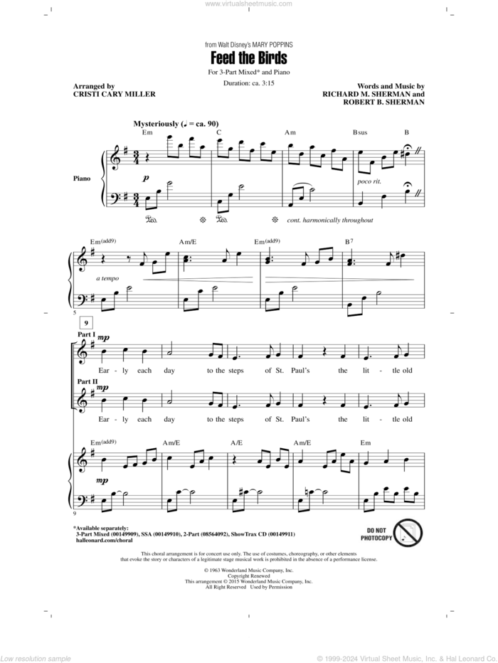 Feed The Birds (from Mary Poppins) (arr. Cristi Cary Miller) sheet music for choir (3-Part Mixed) by Richard M. Sherman, Cristi Cary Miller, Robert B. Sherman and Sherman Brothers, intermediate skill level