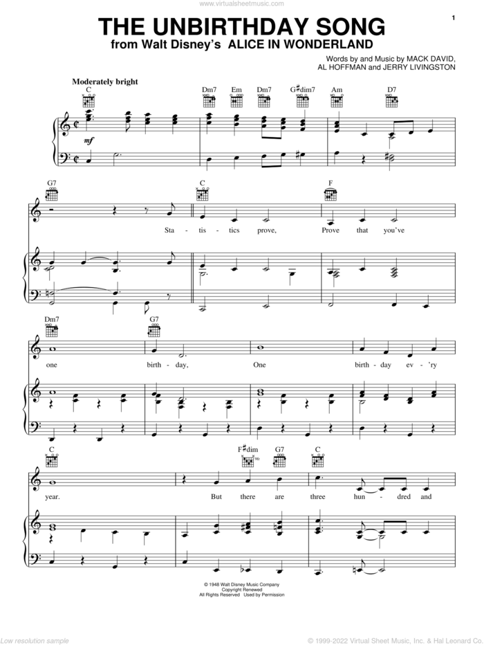 The Unbirthday Song (from Alice In Wonderland) sheet music for voice, piano or guitar by Mack David, Al Hoffman and Jerry Livingston, Al Hoffman, Jerry Livingston and Mack David, intermediate skill level