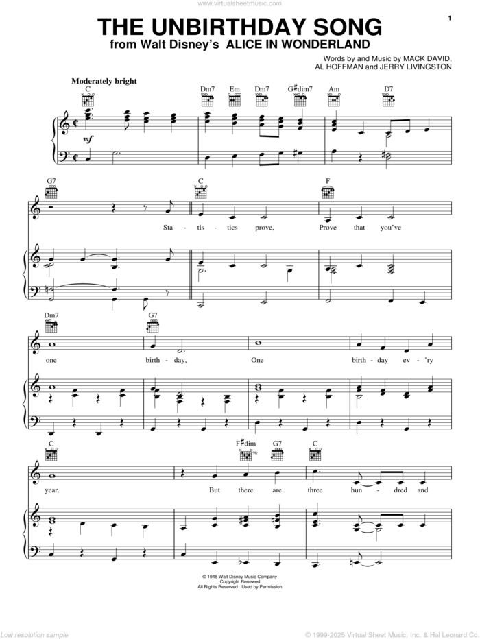 The Unbirthday Song (from Alice In Wonderland) sheet music for voice, piano or guitar by Mack David, Al Hoffman and Jerry Livingston, Al Hoffman, Jerry Livingston and Mack David, intermediate skill level