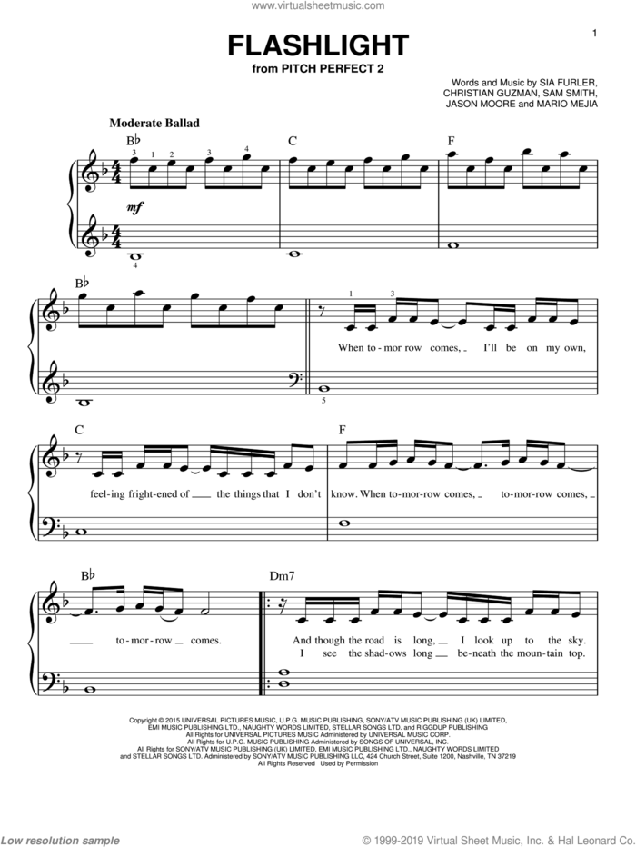 Flashlight sheet music for piano solo by Sam Smith, Jessie J, Jessie J., Christian Guzman, Jason Moore, Mario Mejia and Sia Furler, beginner skill level