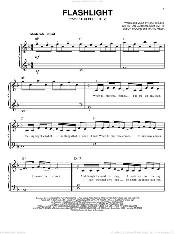 Flashlight sheet music for piano solo by Sam Smith, Jessie J, Jessie J., Christian Guzman, Jason Moore, Mario Mejia and Sia Furler, beginner skill level