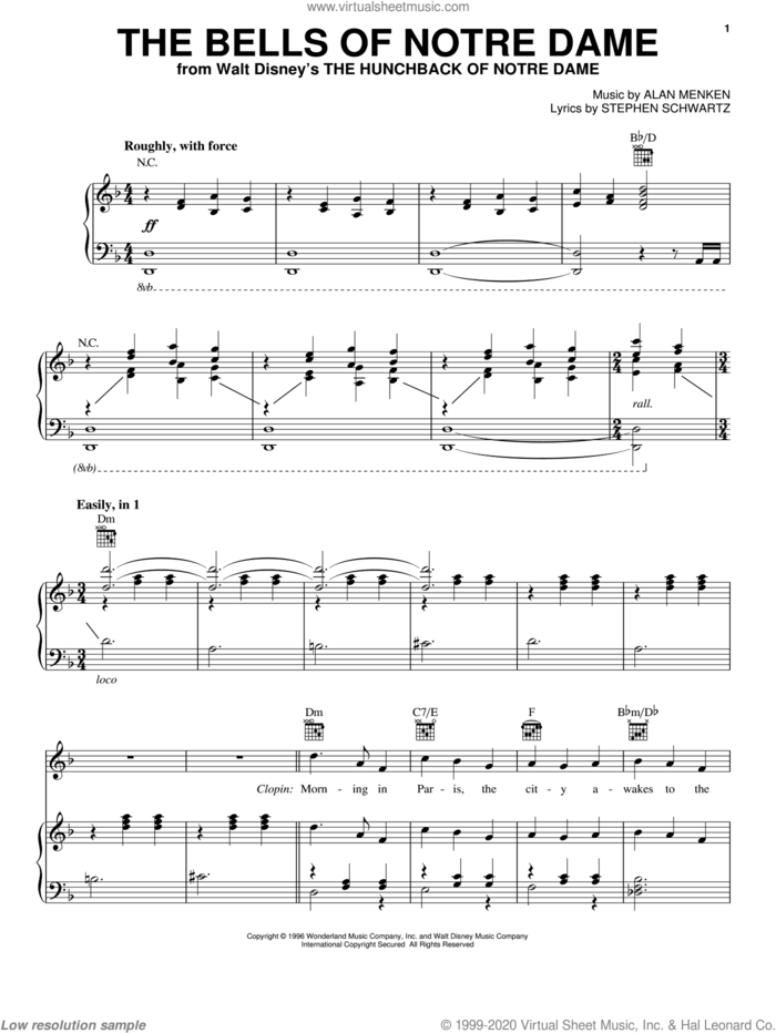 The Bells Of Notre Dame sheet music for voice, piano or guitar by Alan Menken and Stephen Schwartz, intermediate skill level