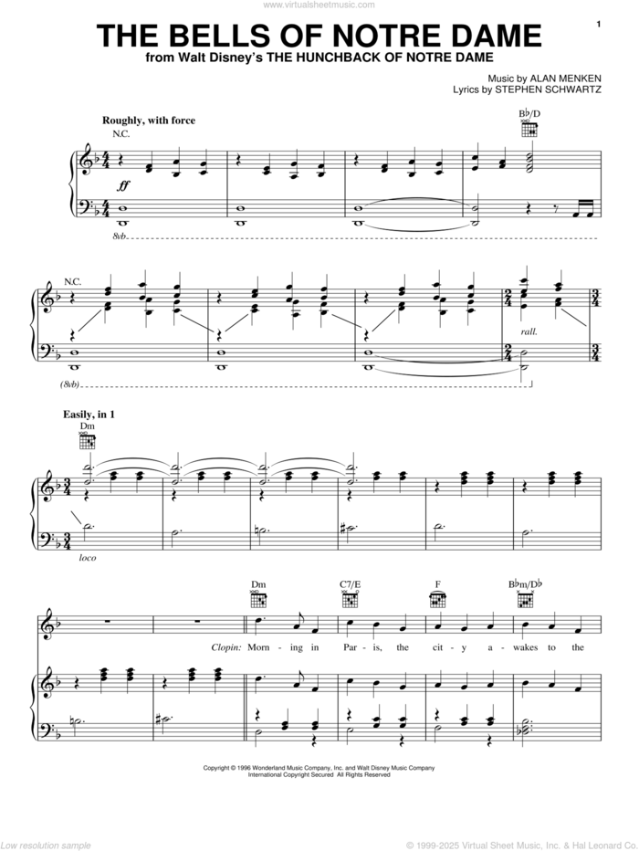 The Bells Of Notre Dame sheet music for voice, piano or guitar by Alan Menken and Stephen Schwartz, intermediate skill level