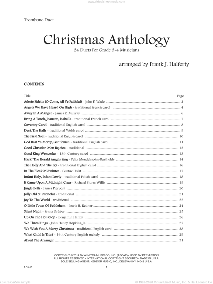 Christmas Anthology (24 Duets For Grade 3-4 Musicians) sheet music for two trombones by Frank J. Halferty, intermediate duet