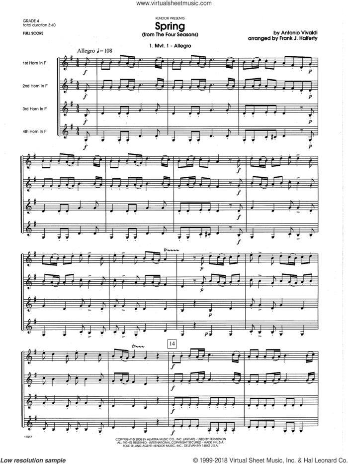 Spring (from The Four Seasons) (COMPLETE) sheet music for horn quartet by Antonio Vivaldi and Frank J. Halferty, classical score, intermediate skill level
