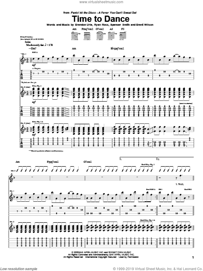 Time To Dance sheet music for guitar (tablature) by Panic! At The Disco, Brendon Urie, Brent Wilson, Ryan Ross and Spencer Smith, intermediate skill level