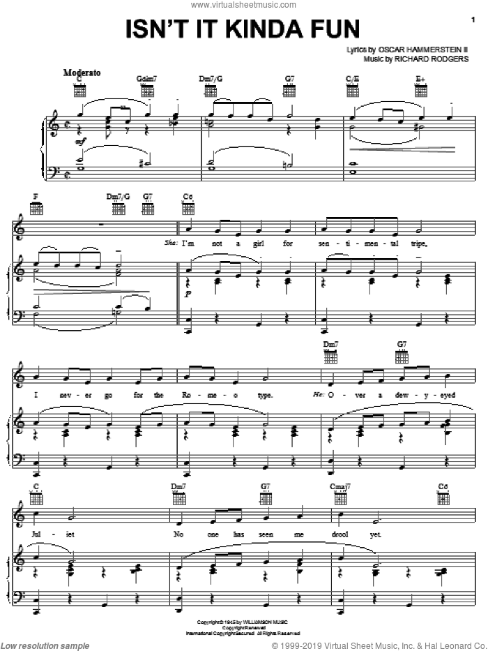Isn't It Kinda Fun sheet music for voice, piano or guitar by Rodgers & Hammerstein, State Fair (Musical), Oscar II Hammerstein and Richard Rodgers, intermediate skill level