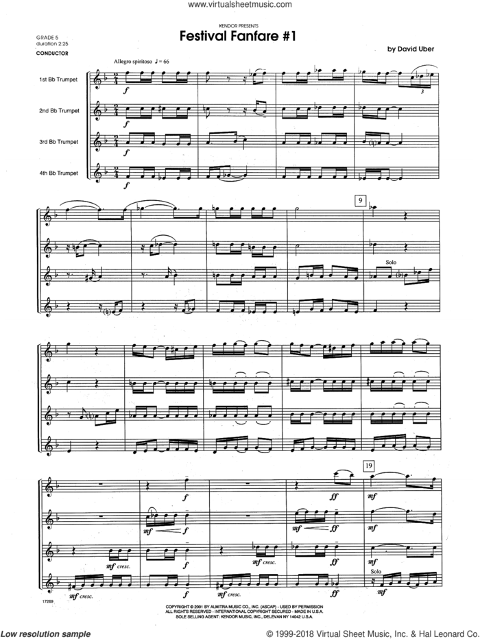 Festival Fanfare #1 (COMPLETE) sheet music for trumpet quartet by David Uber, intermediate skill level