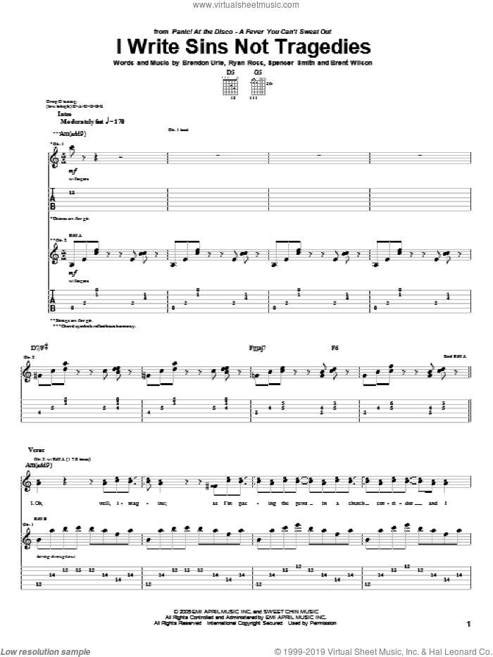 I Write Sins Not Tragedies sheet music for guitar (tablature) by Panic! At The Disco, Brendon Urie, Brent Wilson, Ryan Ross and Spencer Smith, intermediate skill level