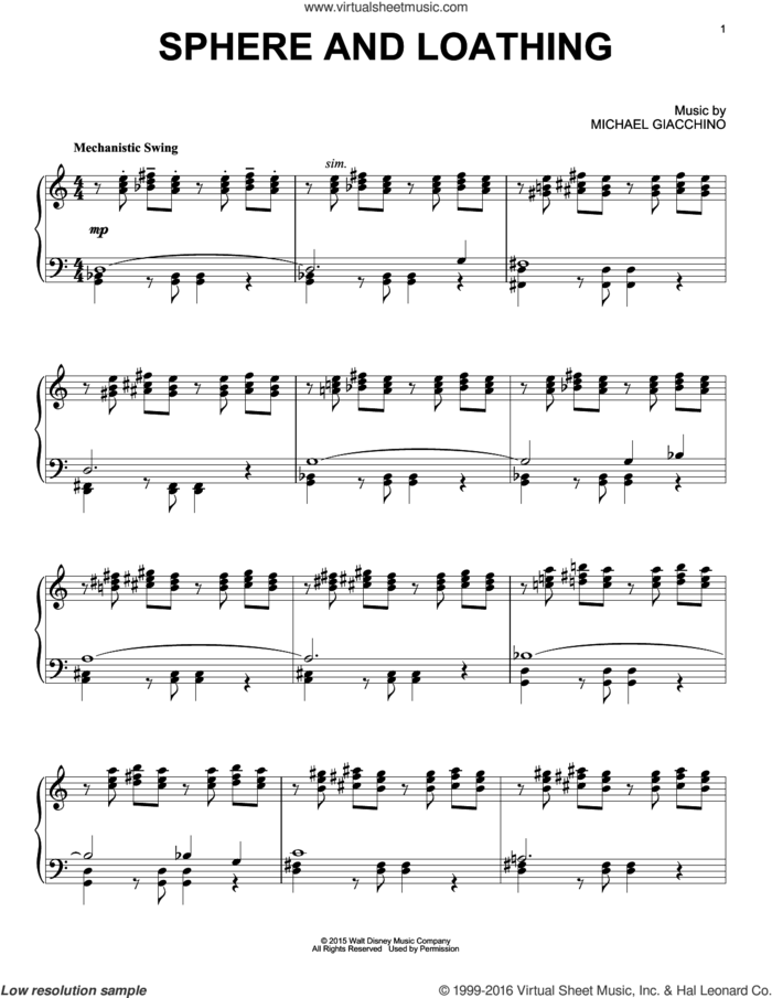 Sphere And Loathing sheet music for piano solo by Michael Giacchino, intermediate skill level