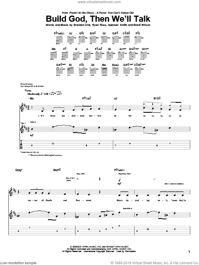 Build God, Then We'll Talk sheet music for guitar (tablature) by Panic! At The Disco, Brendon Urie, Brent Wilson, Ryan Ross and Spencer Smith, intermediate skill level