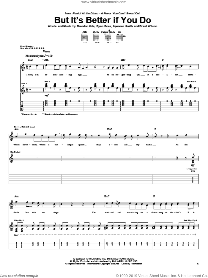 But It's Better If You Do sheet music for guitar (tablature) by Panic! At The Disco, Brendon Urie, Brent Wilson, Ryan Ross and Spencer Smith, intermediate skill level