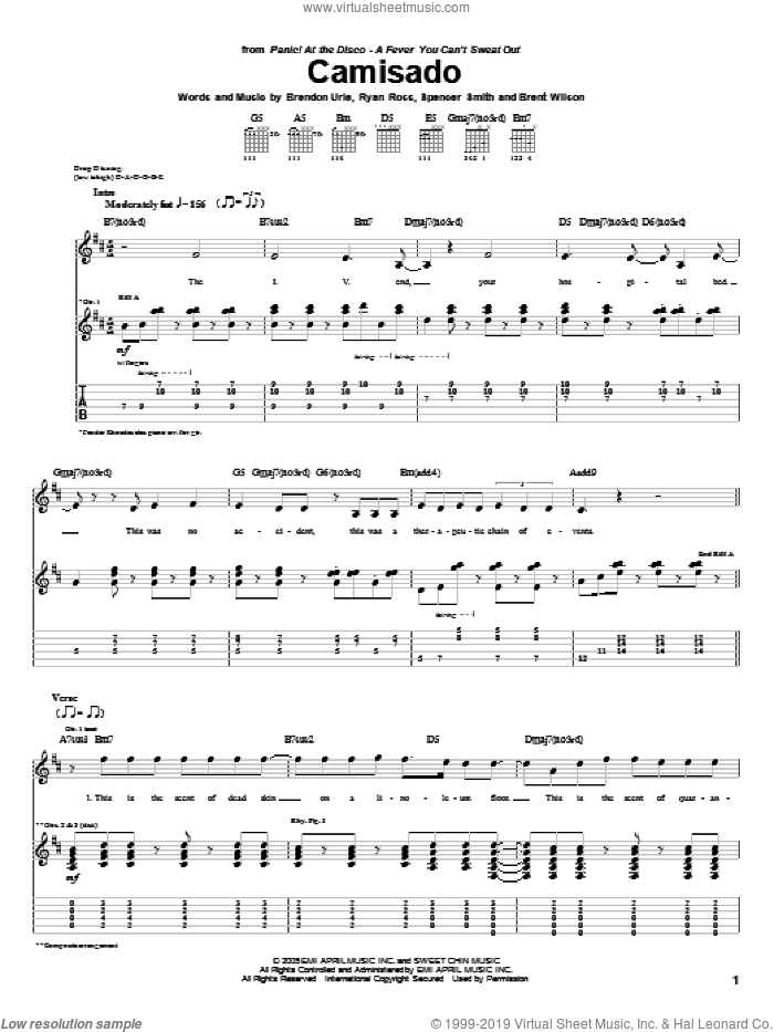 Camisado sheet music for guitar (tablature) by Panic! At The Disco, Brendon Urie, Brent Wilson, Ryan Ross and Spencer Smith, intermediate skill level