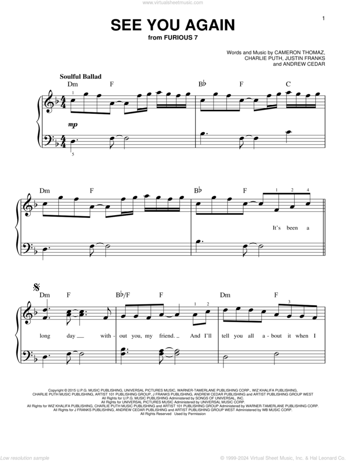 See You Again sheet music for piano solo by Wiz Khalifa feat. Charlie Puth, Andrew Cedar, Cameron Thomaz, Charlie Puth and Justin Franks, beginner skill level