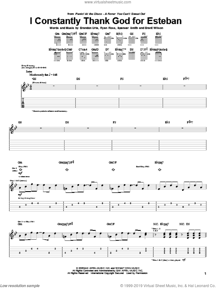 I Constantly Thank God For Esteban sheet music for guitar (tablature) by Panic! At The Disco, Brendon Urie, Brent Wilson, Ryan Ross and Spencer Smith, intermediate skill level