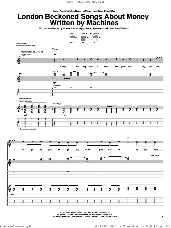 London Beckoned Songs About Money Written By Machines sheet music for guitar (tablature) by Panic! At The Disco, Brendon Urie, Brent Wilson, Ryan Ross and Spencer Smith, intermediate skill level