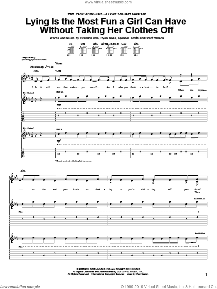 Lying Is The Most Fun A Girl Can Have Without Taking Her Clothes Off sheet music for guitar (tablature) by Panic! At The Disco, Brendon Urie, Brent Wilson, Ryan Ross and Spencer Smith, intermediate skill level