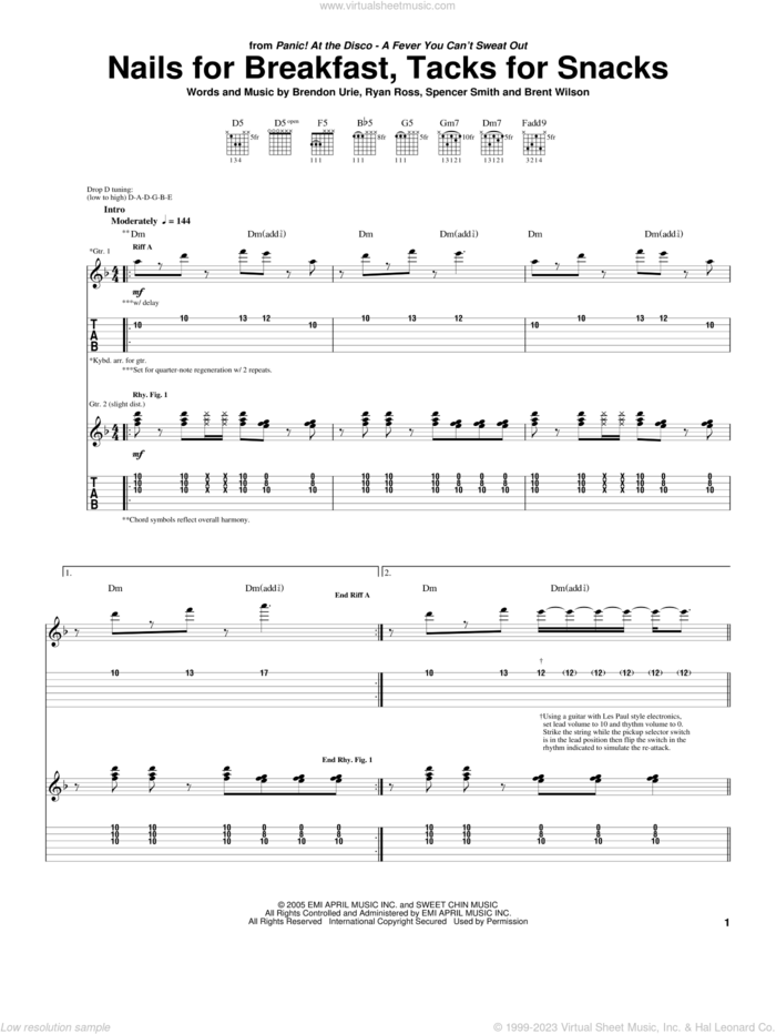 Nails For Breakfast, Tacks For Snacks sheet music for guitar (tablature) by Panic! At The Disco, Brendon Urie, Brent Wilson, Ryan Ross and Spencer Smith, intermediate skill level