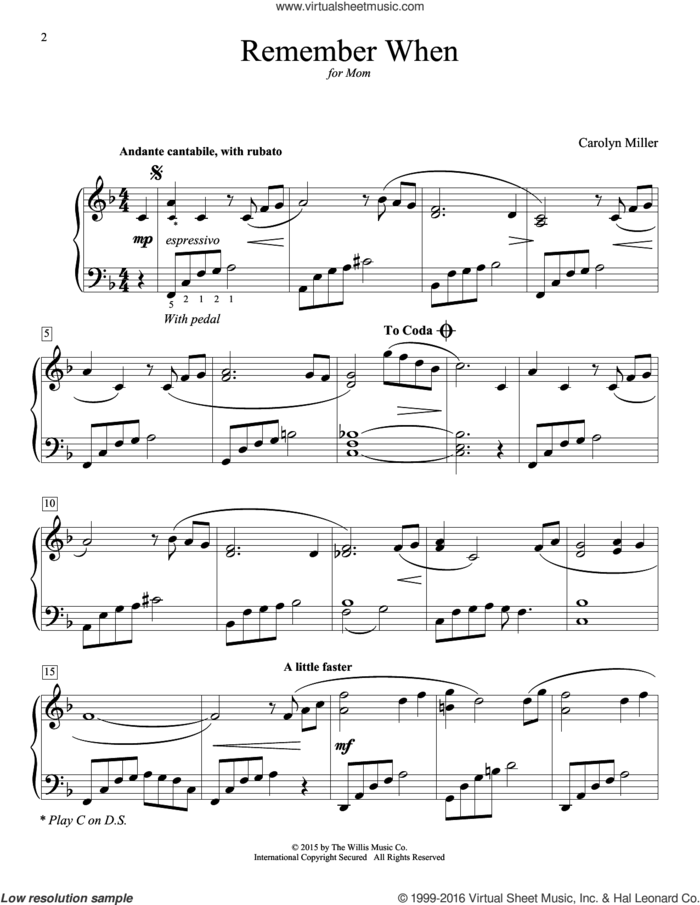 Remember When sheet music for piano solo (elementary) by Carolyn Miller, beginner piano (elementary)