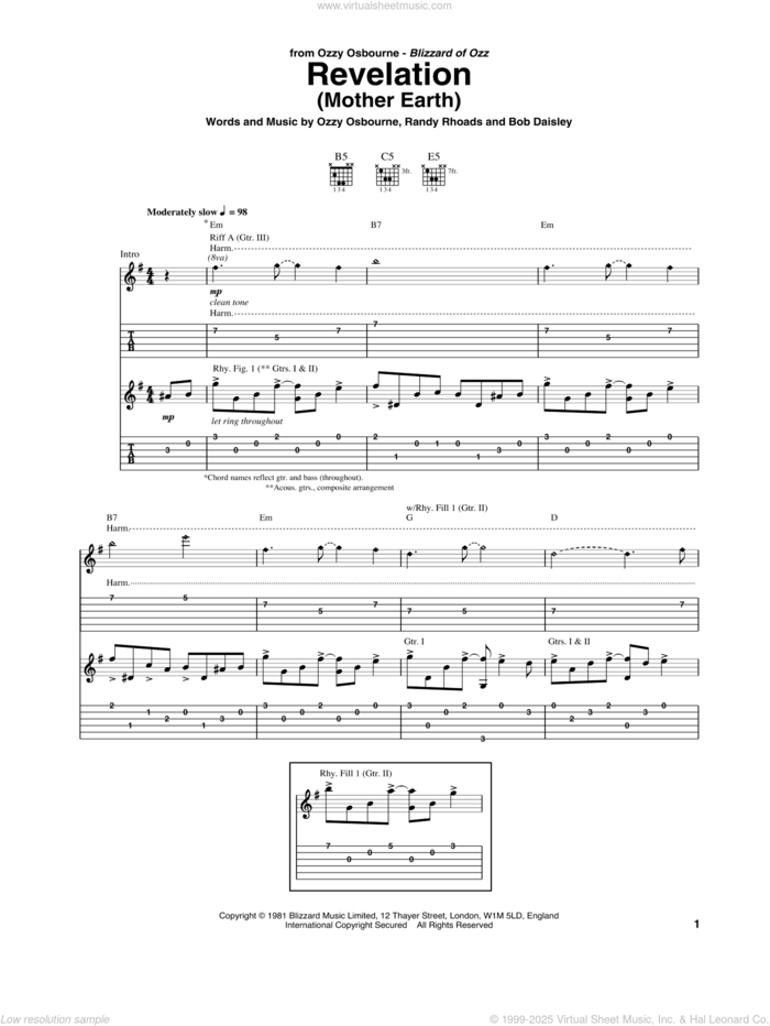 Revelation (Mother Earth) sheet music for guitar (tablature) by Ozzy Osbourne, Bob Daisley and Randy Rhoads, intermediate skill level