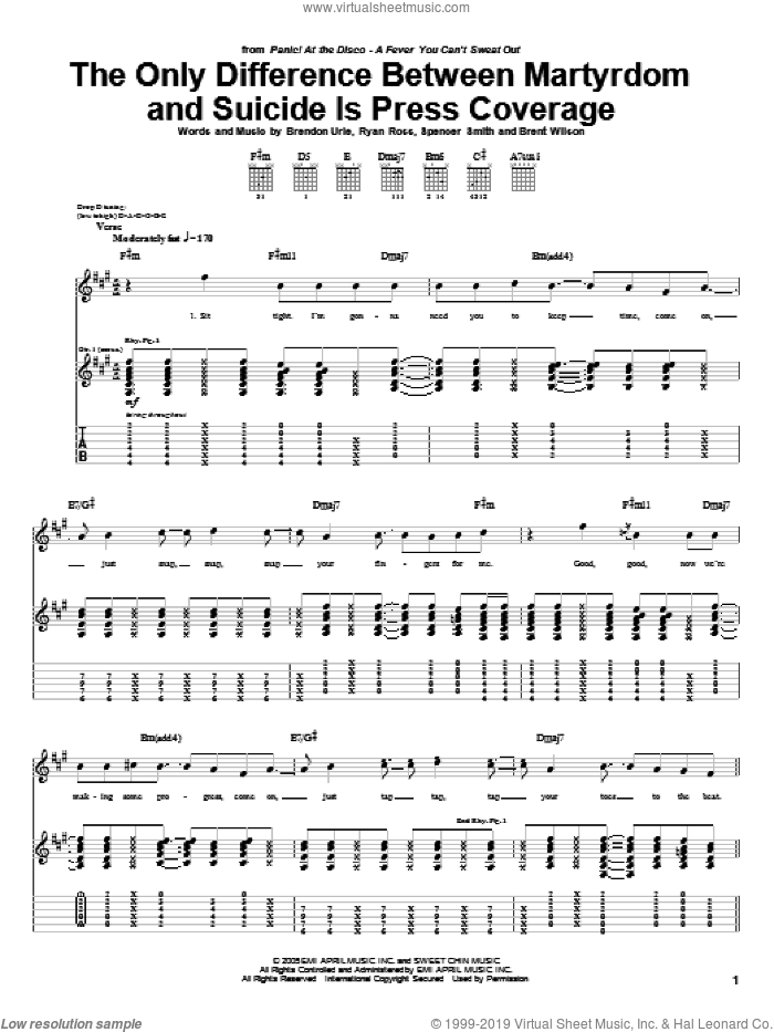 The Only Difference Between Martyrdom And Suicide Is Press Coverage sheet music for guitar (tablature) by Panic! At The Disco, Brendon Urie, Brent Wilson, Ryan Ross and Spencer Smith, intermediate skill level