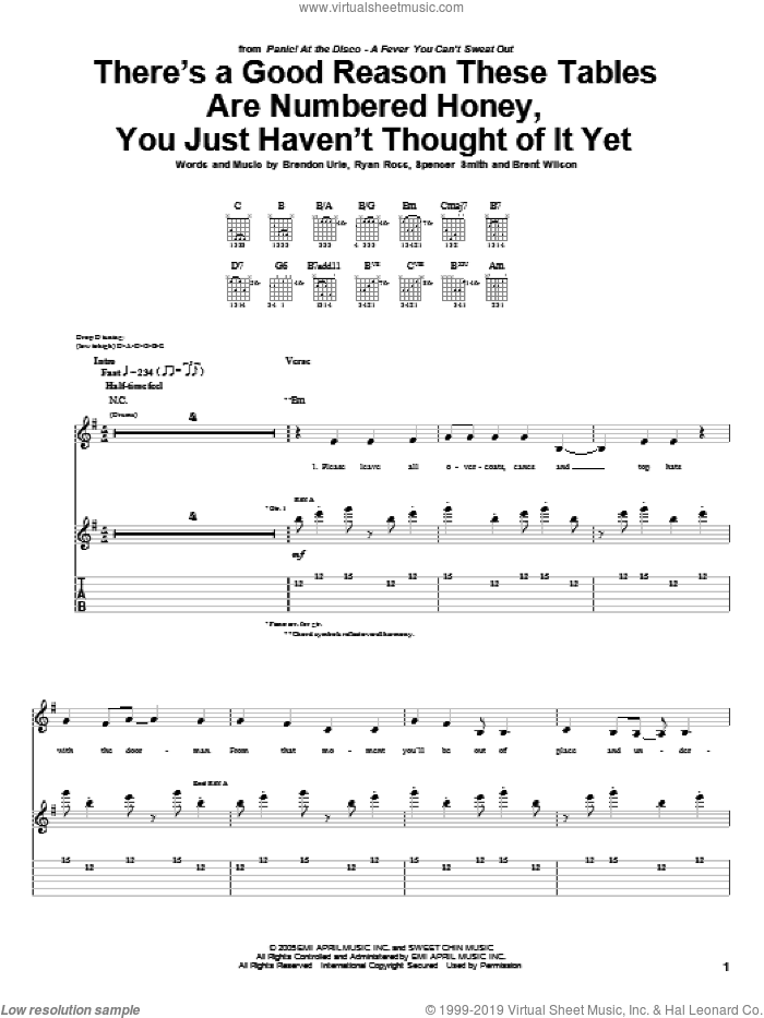 There's A Good Reason These Tables Are Numbered Honey, You Just Haven't Thought Of It Yet sheet music for guitar (tablature) by Panic! At The Disco, Brendon Urie, Brent Wilson, Ryan Ross and Spencer Smith, intermediate skill level
