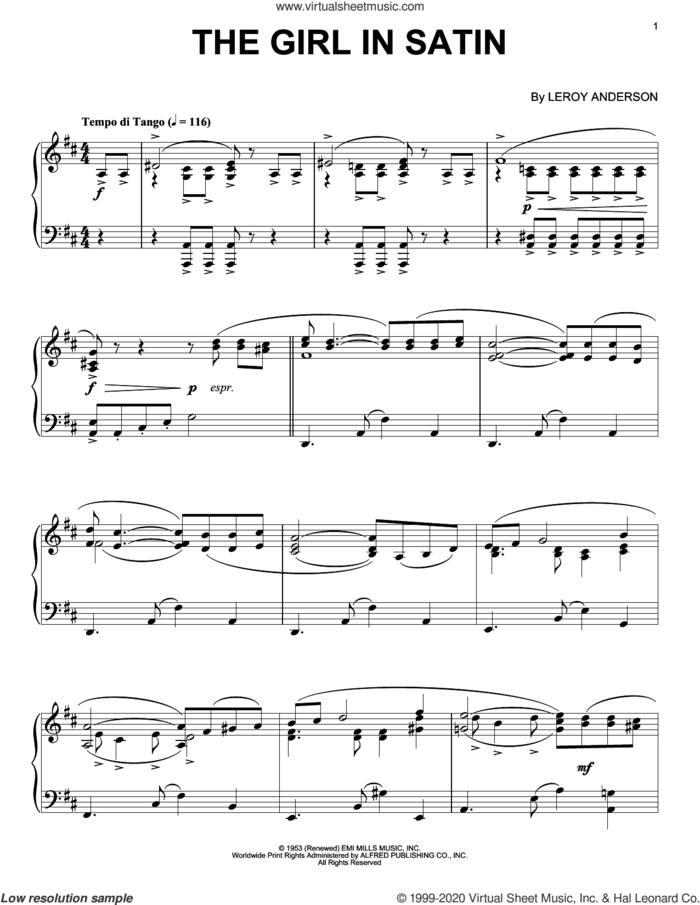 The Girl In Satin sheet music for piano solo by LeRoy Anderson, intermediate skill level