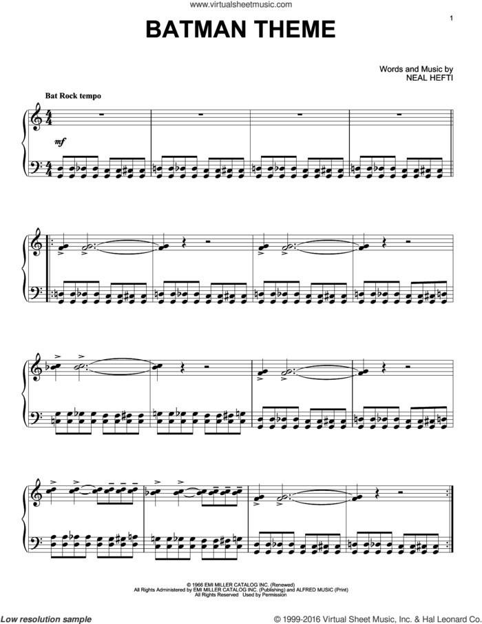 Batman Theme sheet music for piano solo by Neal Hefti, intermediate skill level