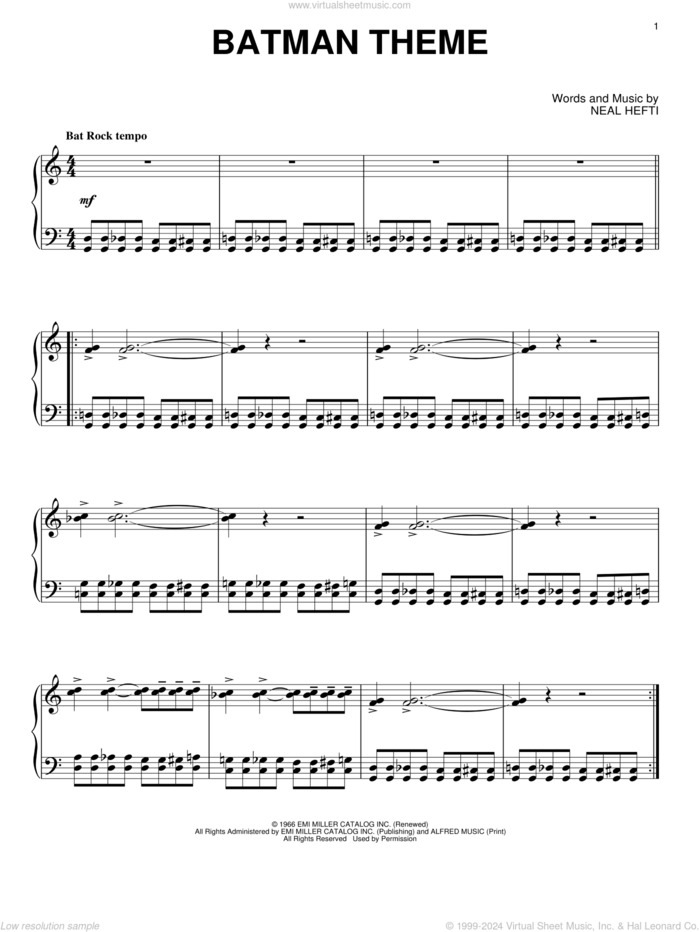 Batman Theme, (intermediate) sheet music for piano solo by Neal Hefti, intermediate skill level