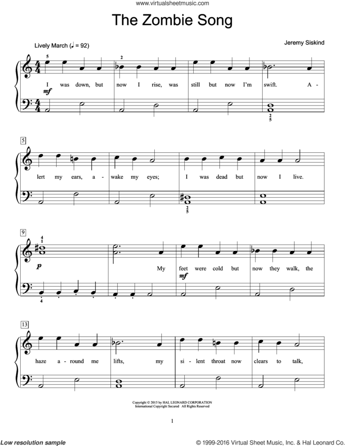 The Zombie Song sheet music for piano solo (elementary) by Jeremy Siskind, beginner piano (elementary)