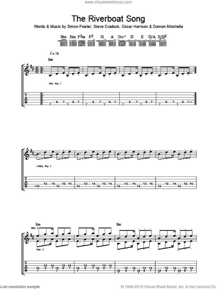 The Riverboat Song sheet music for guitar (tablature) by Ocean Colour Scene, Damon Minchella, Oscar Harrison, Simon Fowler and Steve Cradock, intermediate skill level